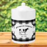 Black Buffalo Plaid Farm Cow Teapot<br><div class="desc">Add a rustic touch to your kitchen with this Black Buffalo Plaid Farm Cow Teapot. Teapot design features a farm cow on an elegant tag and custom text for you to personalize with your family name against a gingham pattern background. Additional home decor items available with this design.</div>