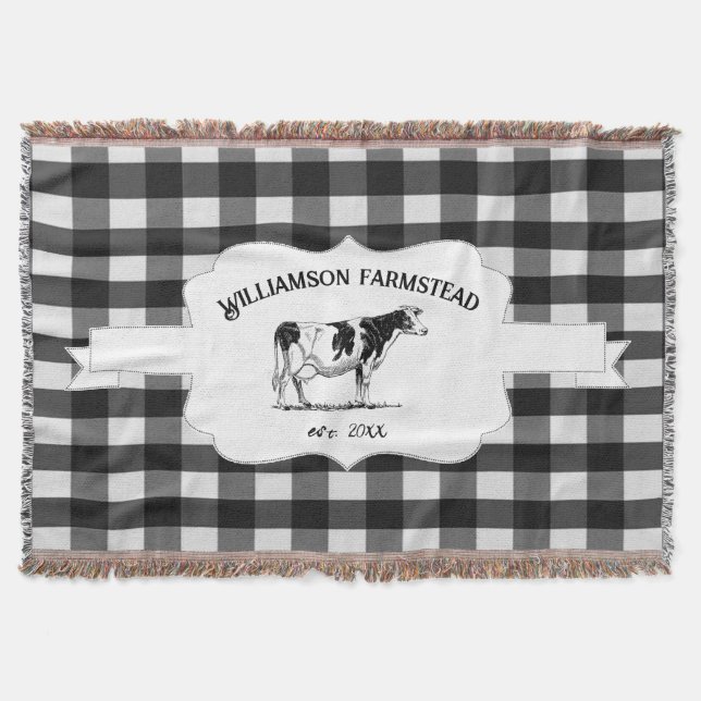 Black Buffalo Plaid Farm Cow Throw Blanket (Front)