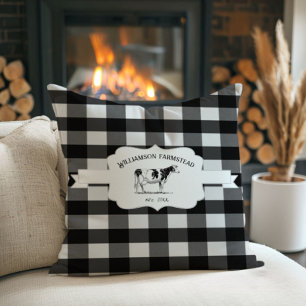 Black Buffalo Plaid Farm Cow Throw Pillow