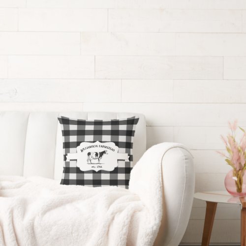 Black Buffalo Plaid Farm Cow Throw Pillow