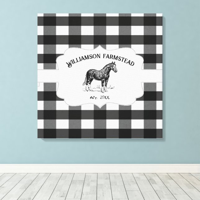 Black Buffalo Plaid Farm Horse Canvas Print (Insitu(Wood Floor))