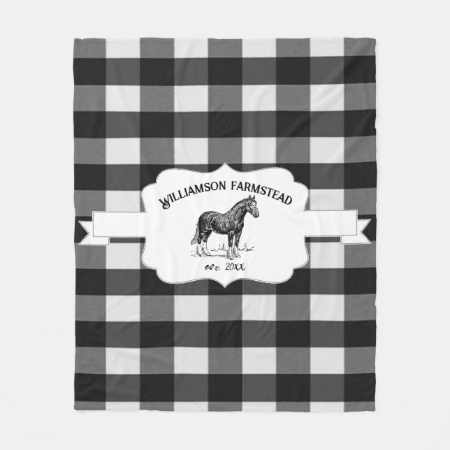 Black Buffalo Plaid Farm Horse Fleece Blanket (Front)