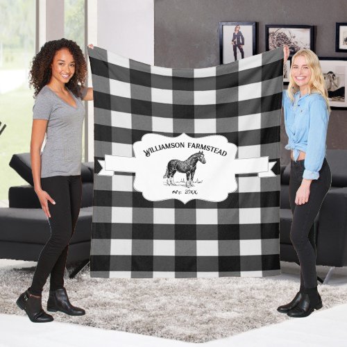 Black Buffalo Plaid Farm Horse Fleece Blanket