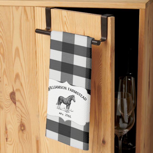 Black Buffalo Plaid Farm Horse Kitchen Towel (Thirds Fold)