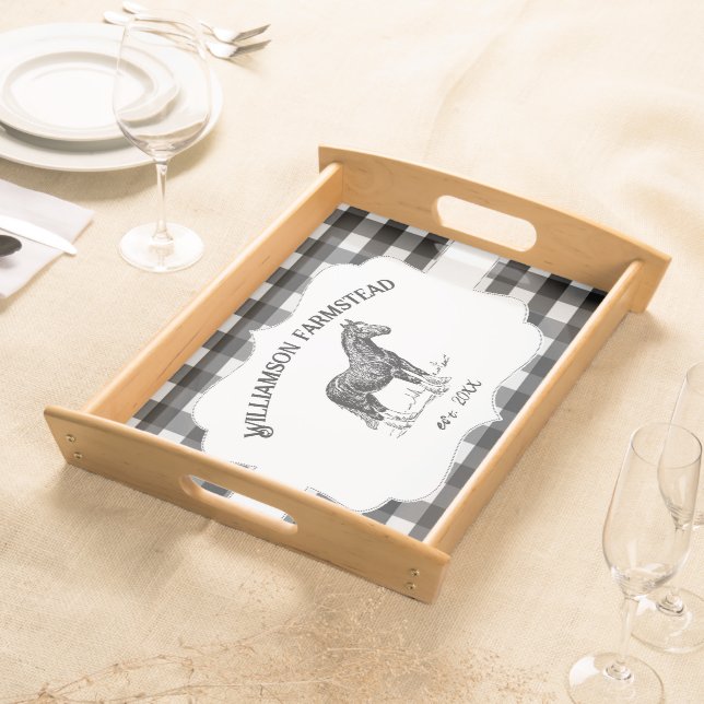 Black Buffalo Plaid Farm Horse Serving Tray (Front)
