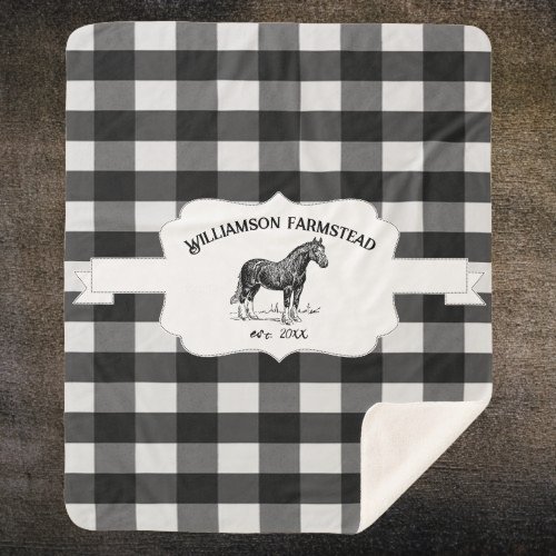 Black Buffalo Plaid Farm Horse Sherpa Blanket