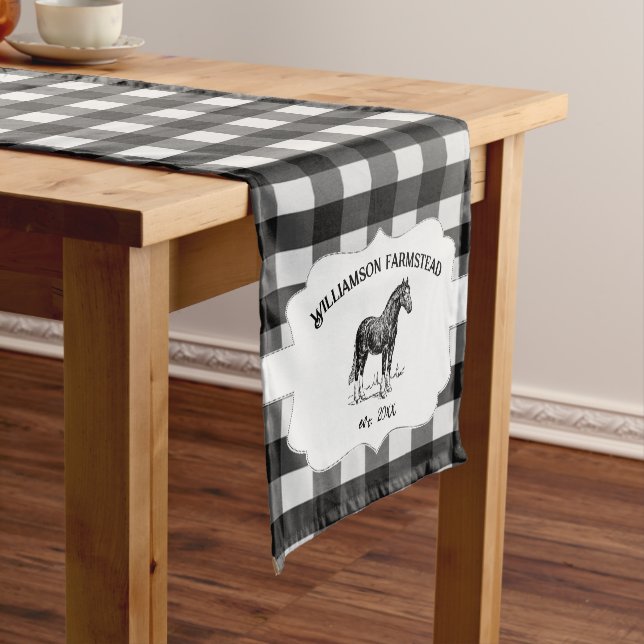 Black Buffalo Plaid Farm Horse Short Table Runner (In Situ)