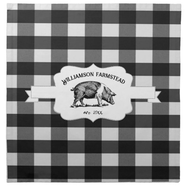 Black Buffalo Plaid Farm Pig Cloth Napkin (Front)