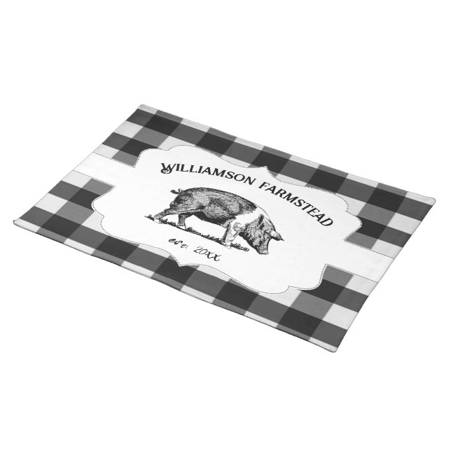 Black Buffalo Plaid Farm Pig Cloth Placemat (On Table)