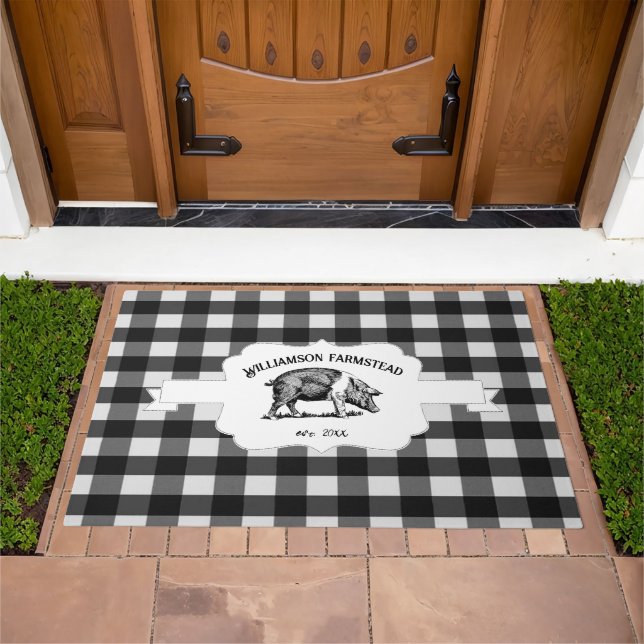 Black Buffalo Plaid Farm Pig Doormat (Outdoor)