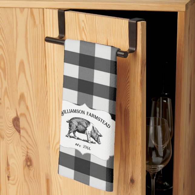 Black Buffalo Plaid Farm Pig Kitchen Towel (Thirds Fold)
