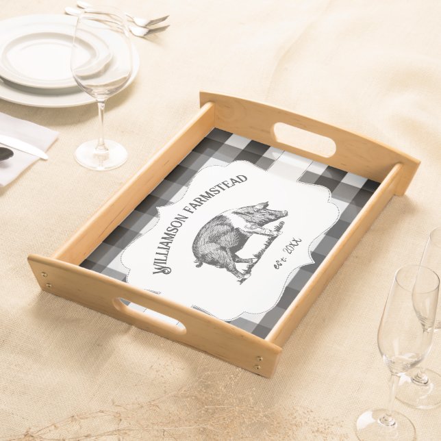 Black Buffalo Plaid Farm Pig Serving Tray (Front)