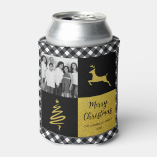 Black Buffalo Plaid Gold Christmas Family Photo Can Cooler
