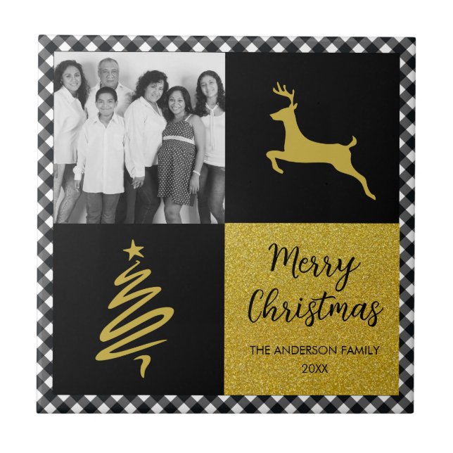 Black Buffalo Plaid Gold Christmas Family Photo Ceramic Tile (Front)