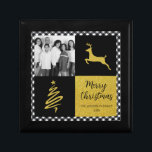 Black Buffalo Plaid Gold Christmas Family Photo Gift Box<br><div class="desc">Celebrate the season with this elegant black buffalo plaid gold Christmas family photo template featuring a modern grid layout, shimmering gold accents, and festive holiday elements. The stylish black and white plaid background paired with a bold gold reindeer and abstract Christmas tree brings a warm, contemporary seasonal feel. Perfect for...</div>
