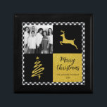 Black Buffalo Plaid Gold Christmas Family Photo Gift Box<br><div class="desc">Celebrate the season with this elegant black buffalo plaid gold Christmas family photo template featuring a modern grid layout, shimmering gold accents, and festive holiday elements. The stylish black and white plaid background paired with a bold gold reindeer and abstract Christmas tree brings a warm, contemporary seasonal feel. Perfect for...</div>