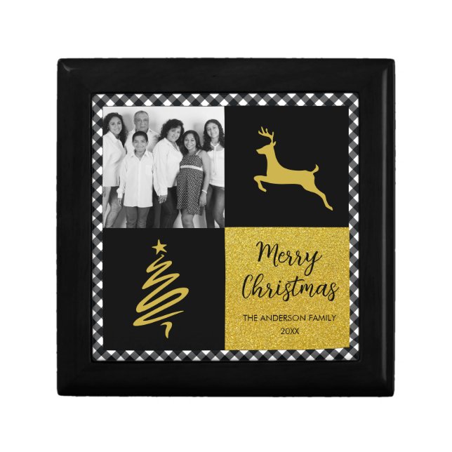Black Buffalo Plaid Gold Christmas Family Photo Gift Box (Front)