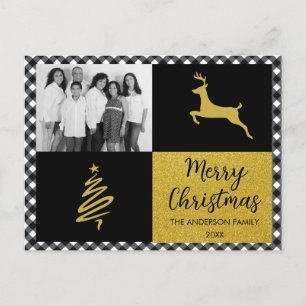 Black Buffalo Plaid Gold Christmas Family Photo Holiday Postcard