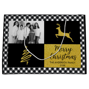 Black Buffalo Plaid Gold Christmas Family Photo Large Gift Bag