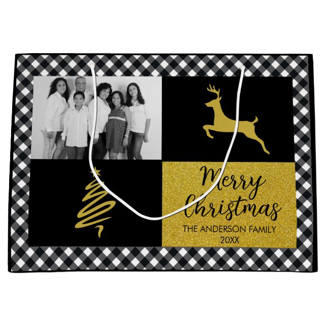 Black Buffalo Plaid Gold Christmas Family Photo Large Gift Bag (Front)