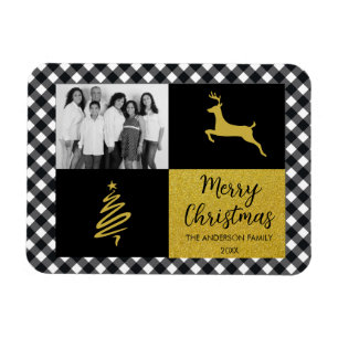 Black Buffalo Plaid Gold Christmas Family Photo Magnet