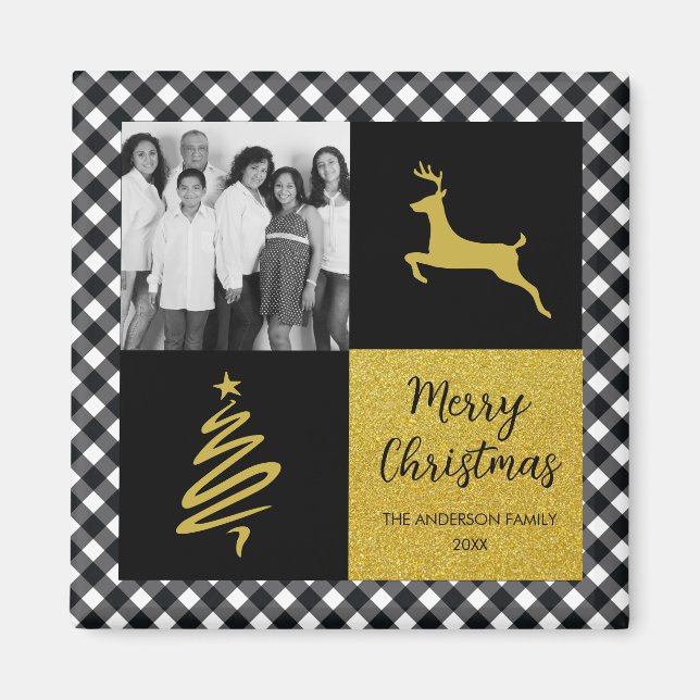 Black Buffalo Plaid Gold Christmas Family Photo Magnet (Front)
