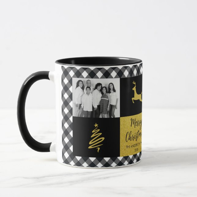 Black Buffalo Plaid Gold Christmas Family Photo Mug (Left)