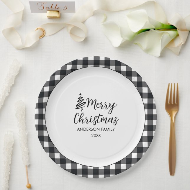 Black Buffalo Plaid Gold Christmas Family Photo Paper Plates (Wedding)