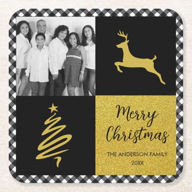Black Buffalo Plaid Gold Christmas Family Photo Square Paper Coaster (Front)