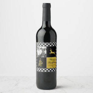 Black Buffalo Plaid Gold Christmas Family Photo Wine Label