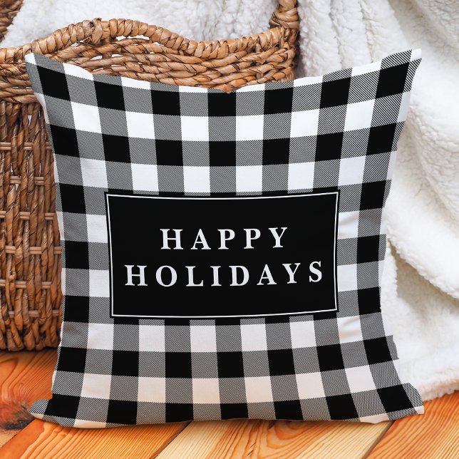 Black Buffalo Plaid Happy Holidays Christmas Throw Pillow (Creator Uploaded)