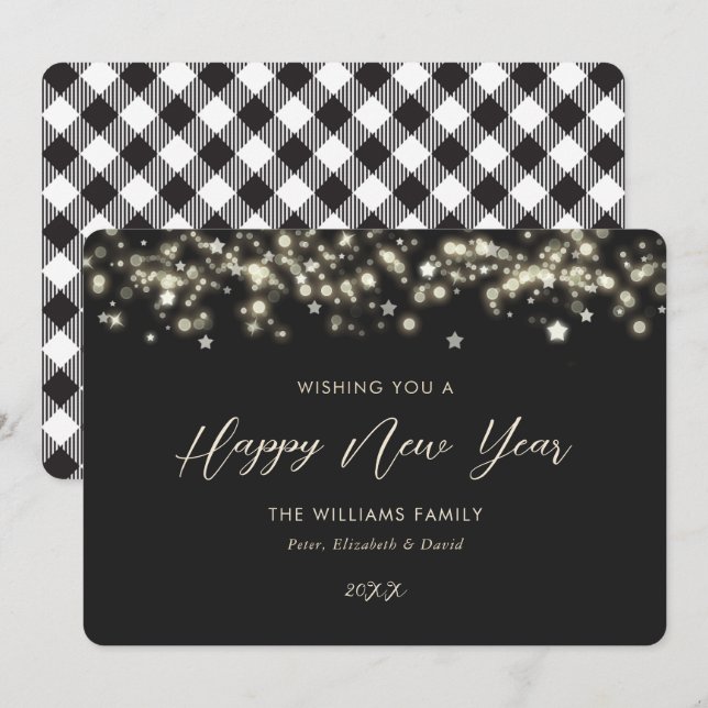 Black Buffalo Plaid Happy New Year Card (Front/Back)