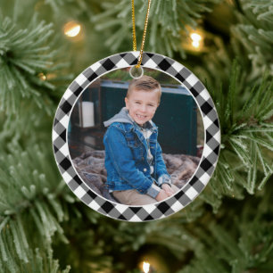 Black Buffalo Plaid Holiday Photo Personalized Ceramic Ornament
