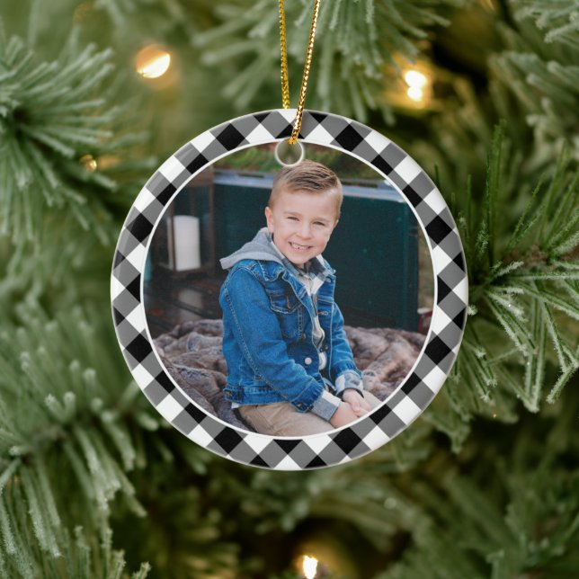 Black Buffalo Plaid Holiday Photo Personalized Ceramic Ornament (Tree)