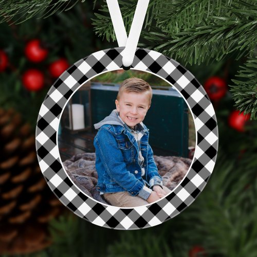 Black Buffalo Plaid Holiday Photo Personalized Ornament