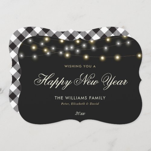 Black Buffalo Plaid Lights Happy New Year Cards