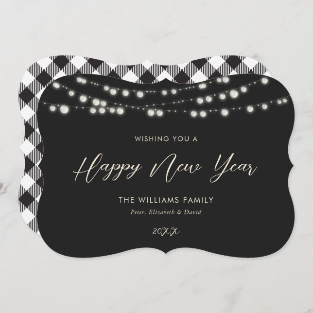 Black Buffalo Plaid Lights Happy New Year Cards (Front/Back)