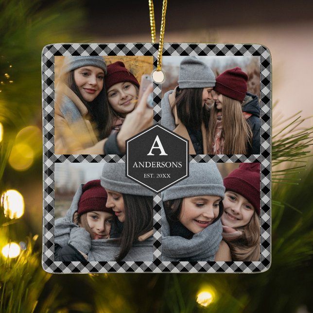 Black Buffalo Plaid Lumberjack Photo Collage Ceramic Ornament (Creator Uploaded)