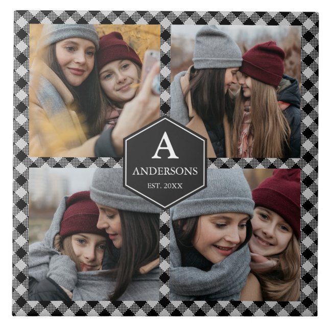 Black Buffalo Plaid Lumberjack Photo Collage Ceramic Tile (Front)