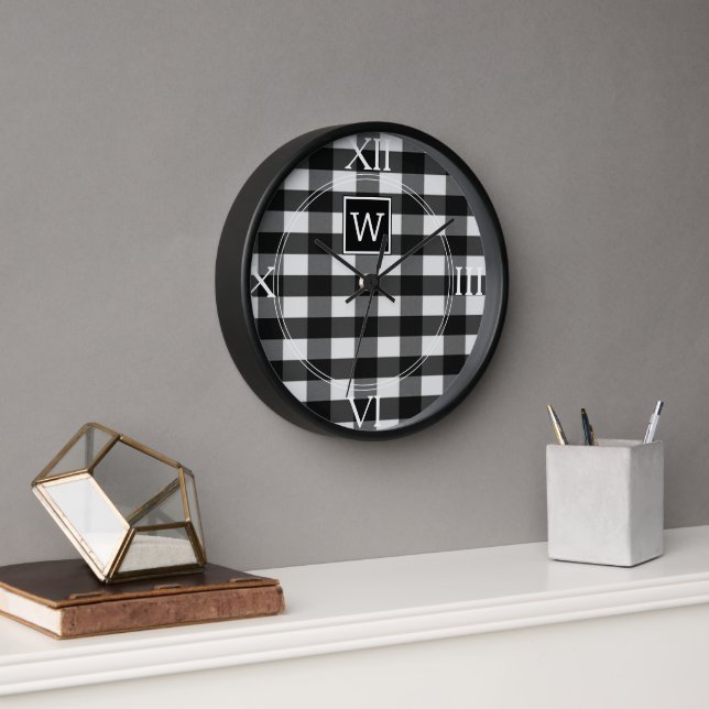 Black Buffalo Plaid Monogram Clock (Office)