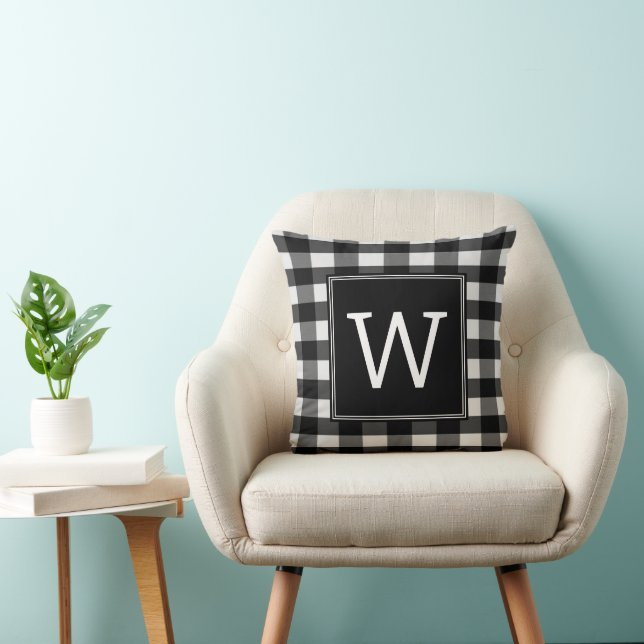 Black Buffalo Plaid Monogram Throw Pillow (Chair)