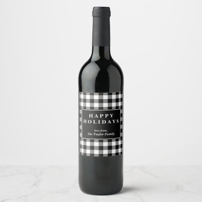 Black Buffalo Plaid Pattern Christmas Gift Wine Label (Front)