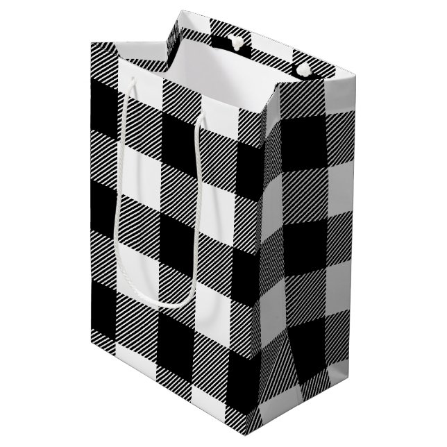 Black Buffalo Plaid Pattern Christmas Medium Gift Bag (Front Angled)