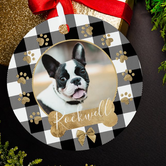 Black Buffalo Plaid Pattern Gold Bow Family Photo  Metal Ornament (Black Buffalo Plaid Pattern Gold Bow Family Photo Metal Ornament)