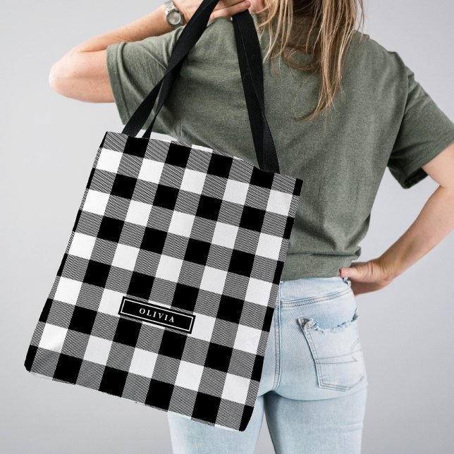 Black Buffalo Plaid Pattern Monogrammed Bridesmaid Tote Bag (Creator Uploaded)