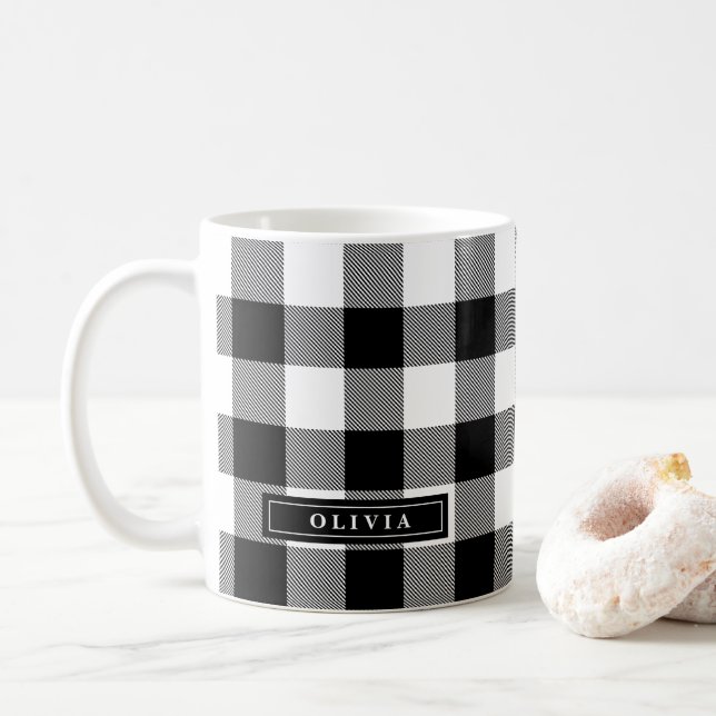 Black Buffalo Plaid Pattern Monogrammed Mug (With Donut)