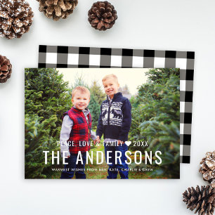 Black Buffalo Plaid Peace Love Family Photo Holiday Card
