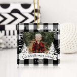 Black Buffalo Plaid Rustic Pine Tree Family Photo Ceramic Ornament<br><div class="desc">Rustic farm fresh Christmas trees family photo keepsake ornament. The ornament can be customized with the family name,  the year,  and the photo. Black checkerboard plaid background with rustic pine trees and snowflakes. The family name is displayed in a white banner. Artwork by Moodthology Papery.</div>