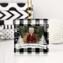 Black Buffalo Plaid Rustic Pine Tree Family Photo Ceramic Ornament