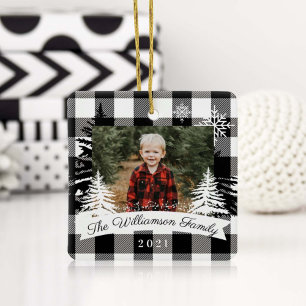 Black Buffalo Plaid Rustic Pine Tree Family Photo Ceramic Ornament